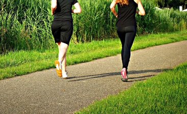 Zwei Läuferinnen auf einem geteerten Weg zwischen grünen Wiesen