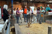 Teilnehmende eines Begegnungsnachmittags stehen um das Kaninchengehege im Stall der Jugendfarm Schwarzach.
